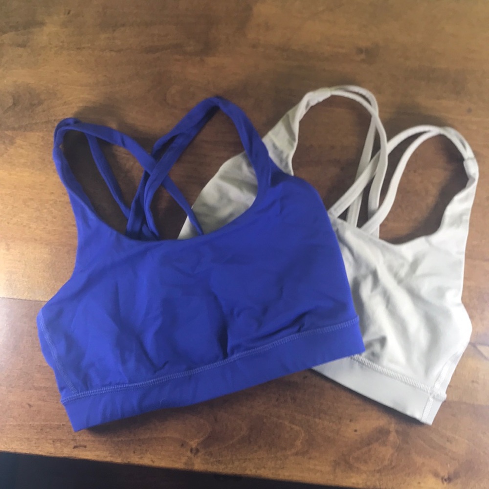 Blue and light beige lululemon bras both size 4